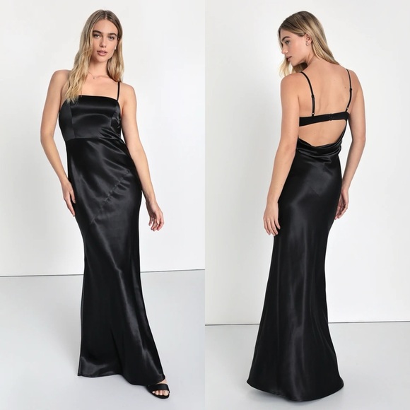 Lulus | NWT Endlessly Intriguing Open Back Black Satin Maxi Dress Large - Picture 1 of 11